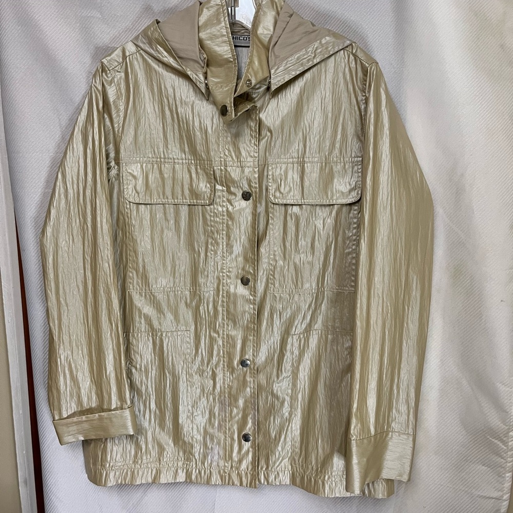 Metallic Gold Hooded Rain Jacket Chicos 1